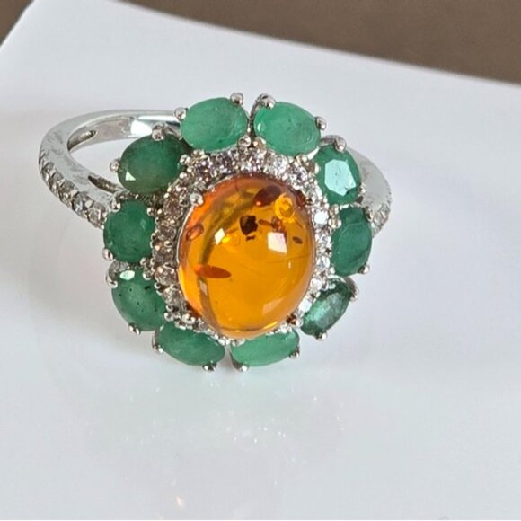 925 Sterling Silver Ring with Natural Amber & Emerald Gemstones - Picture 5 of 15